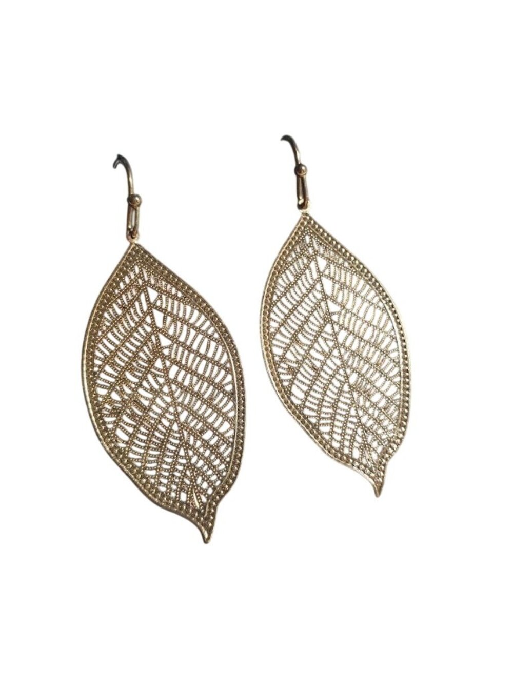 Gold Leaf Shaped Drop Earrings Lightweight Dangling Filigree Hooks Boho Nature